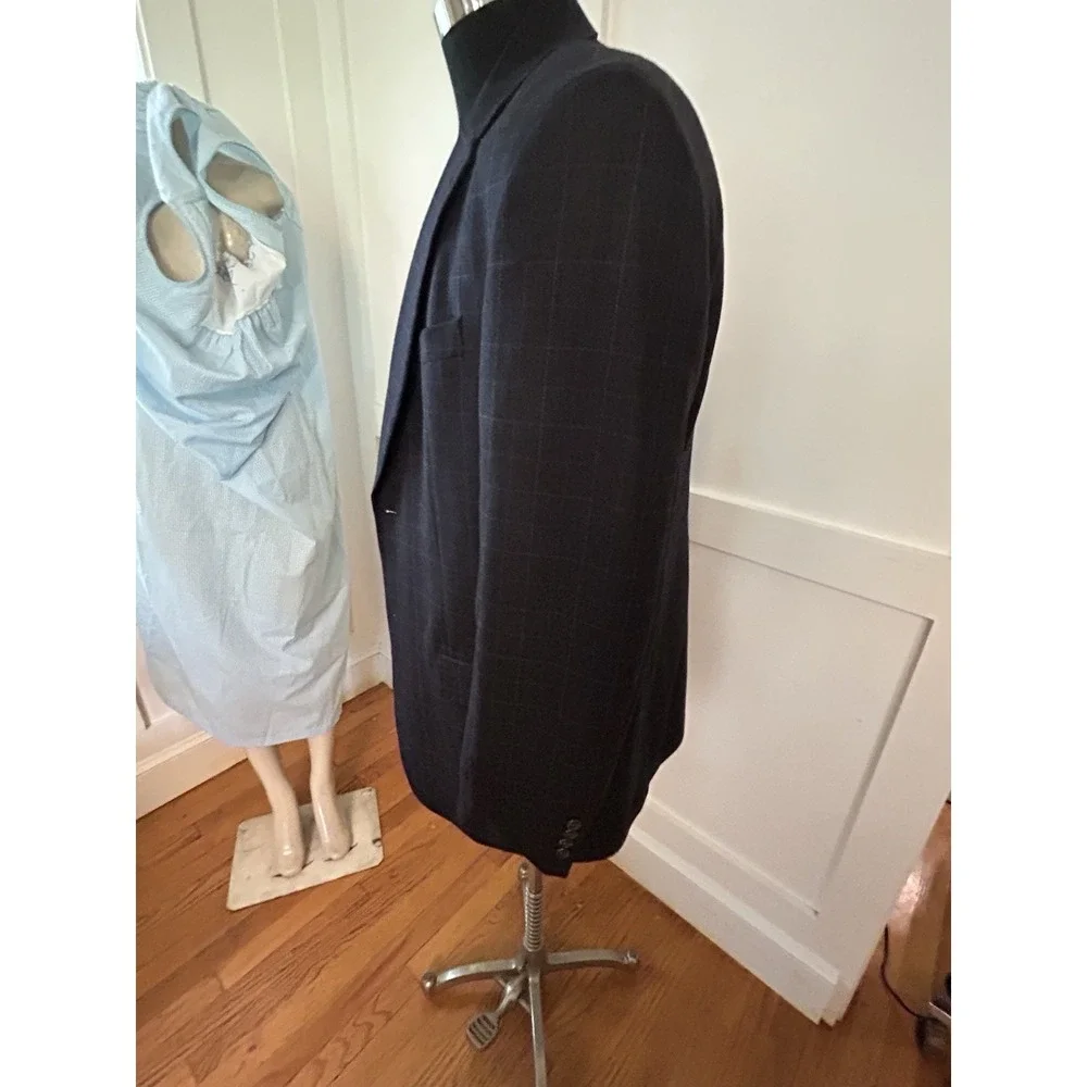 Vtg 80s Nautica Sports Coat 43L Navy Cashmere Wool Blend Plaid Windowpane